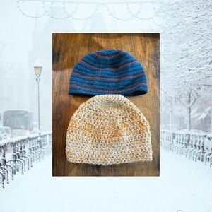 2 New Handmade Crochet Beanies Hats Merino Wool Orange & Blue Striped Winter!